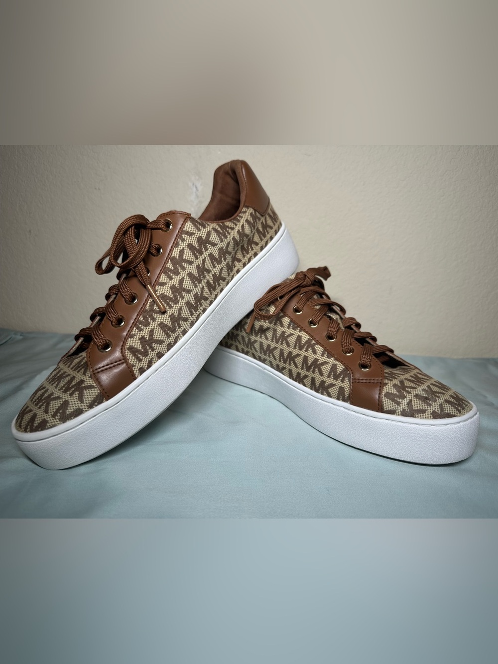 Michael Kors Women's Keaton Sneakers, MK Logo Brown Beige White Size 9M